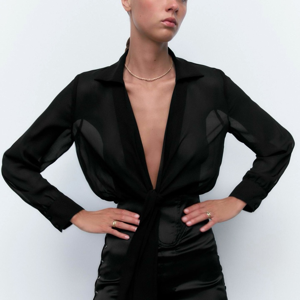 New Zara Black Front Knot Bodysuit Size L